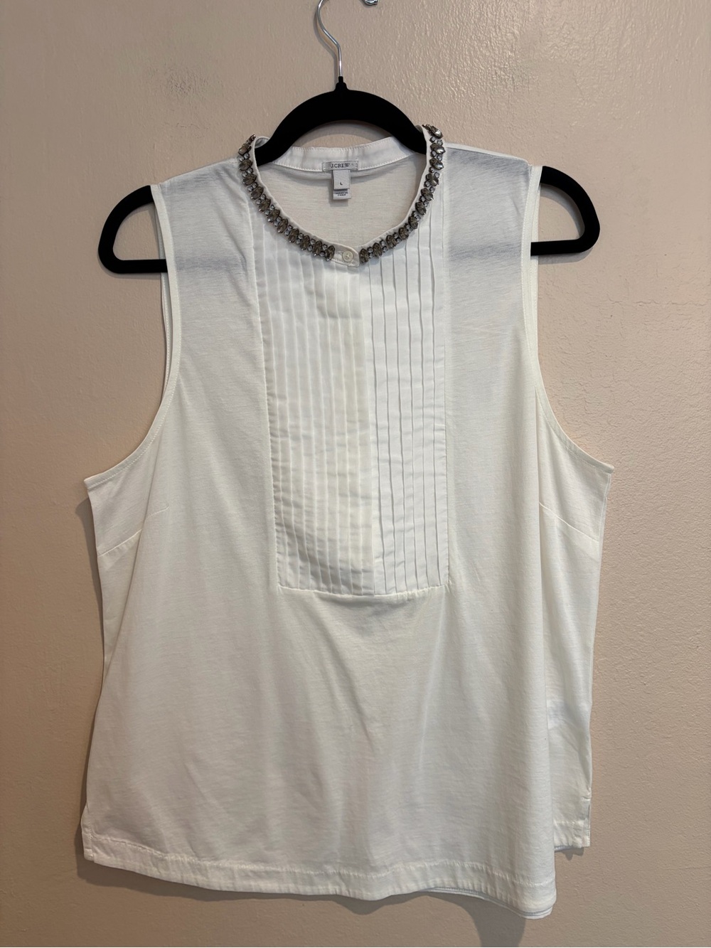 J. Crew White Pleated Front Tank w/ Smokey Grey Jewels, Cotton & Silk Blend
